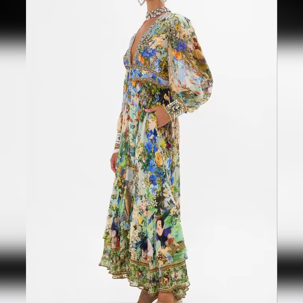 PrintingVCollar Long-Sleeved Bubble Sleeve Waist-TiedSummer New Women's Clothes - Picture 5 of 6